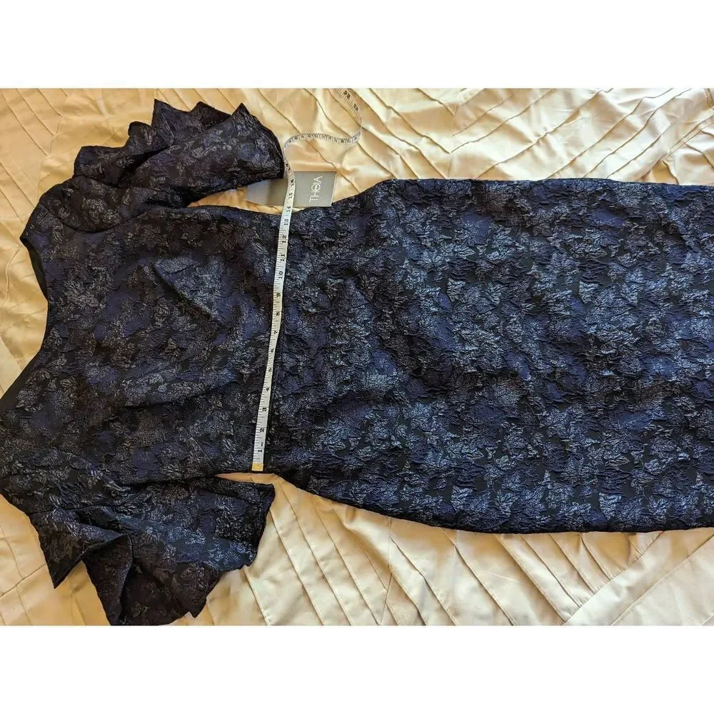 Theia ruffle sleeve cloque dress blue and gold knee length cocktail dress nwt sz - Picture 7 of 7
